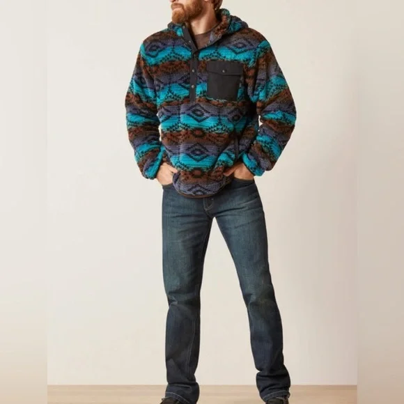 AriatTek Pullover Hoodie,Teddy Bear Fleece,Serape pattern,pockets,snap front - Picture 12 of 12